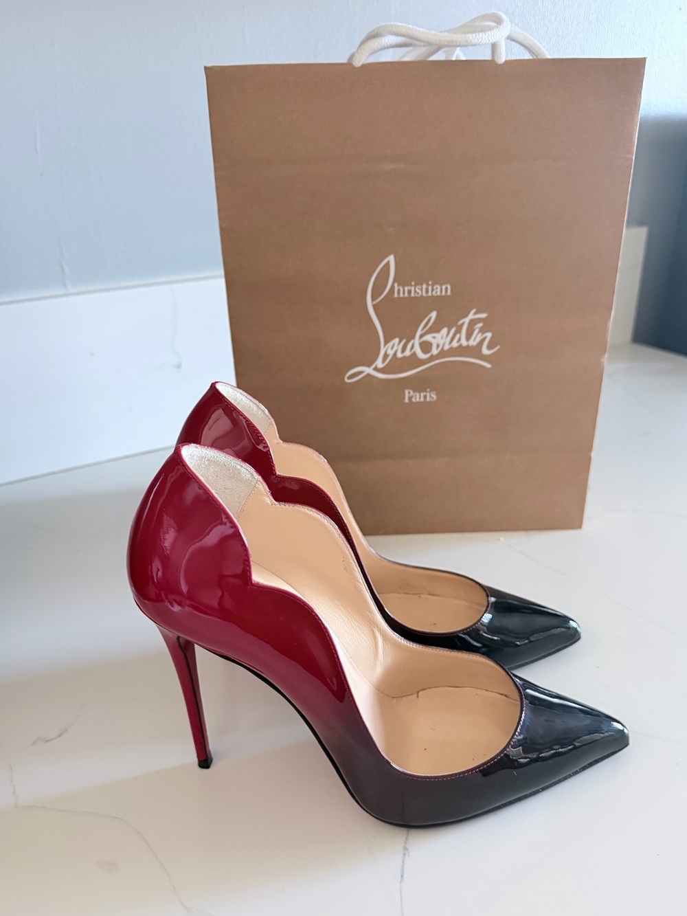 Christian Louboutin Red and Black Patent Scalloped Pointed Toe Stilettos